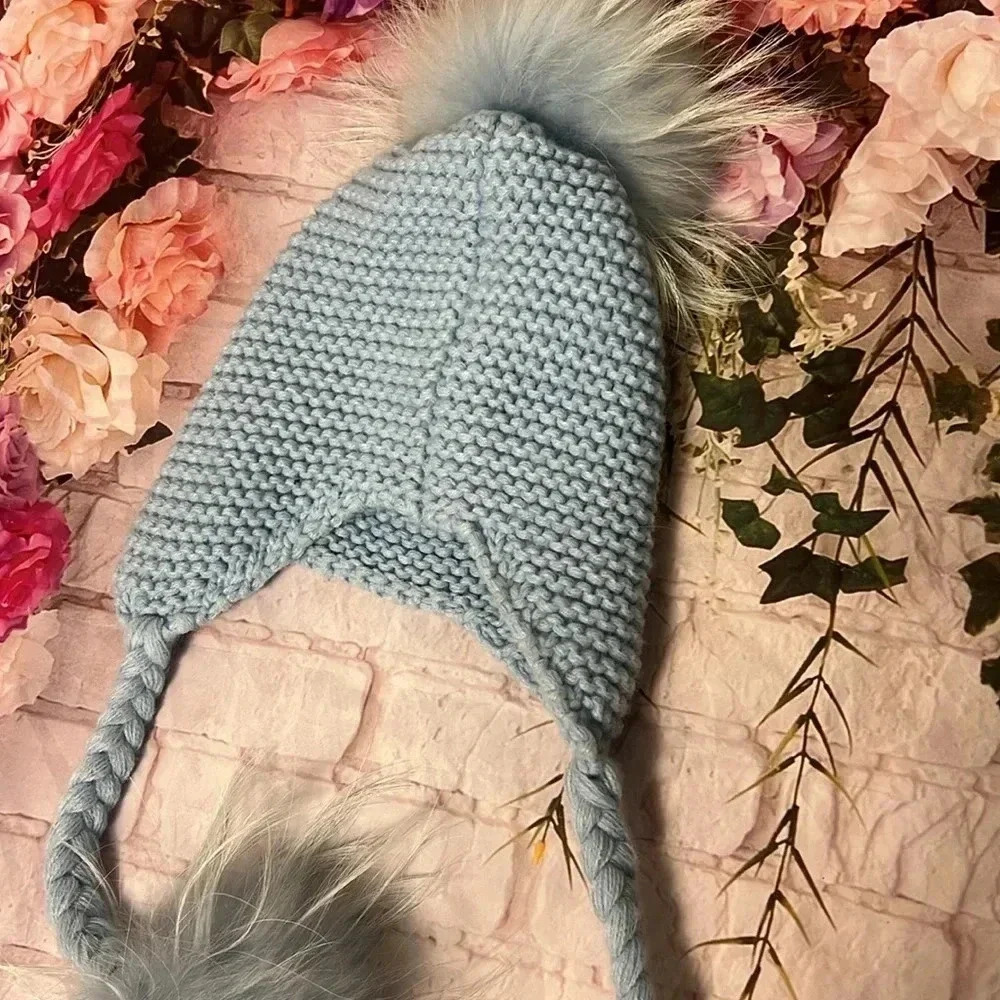 Knitted kids hat with fur pom poms for ages 2-4 - Picture 5 of 5